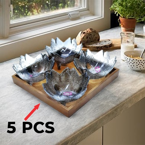 4 Pcs Serving Glass Bowls | Tableware, Stylish Lotus Shaped Serving Bowl with Wooden Tray